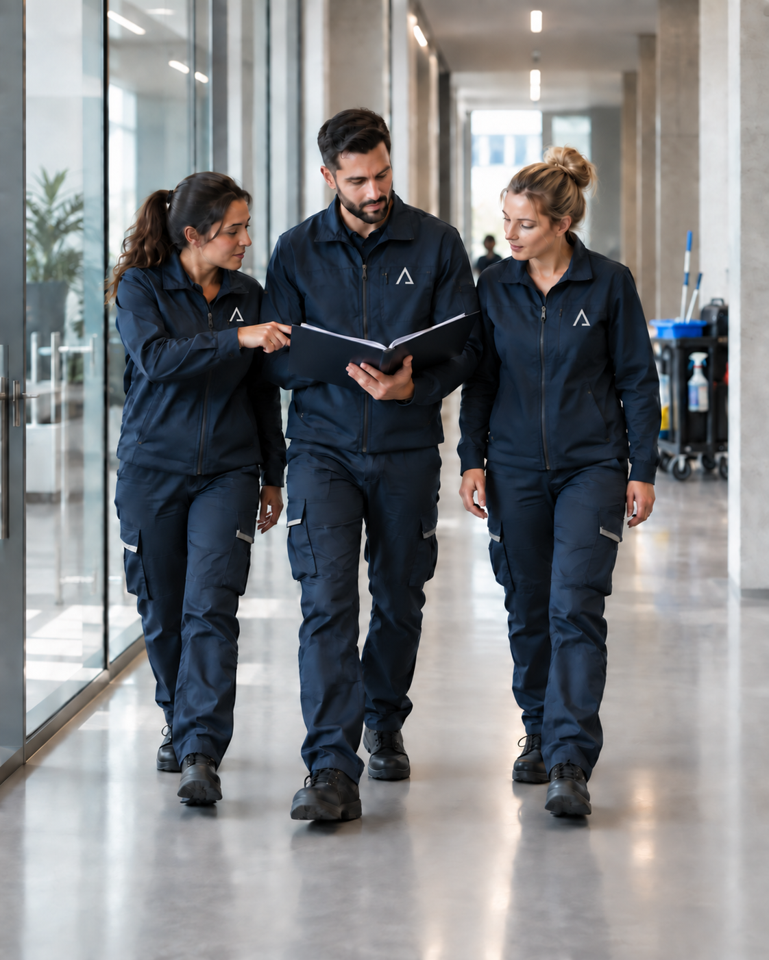 Team von ALVION Dienstleistungen in tiefblauer Arbeitskleidung in einem modernen Gebäude